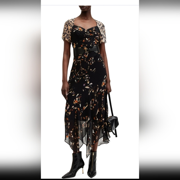 AllSaints Leah  Asymmetrical Midi Dress With Leopard Sleeves - Picture 6 of 11